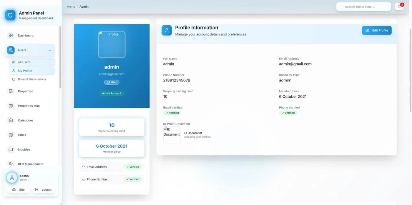 User profile with verification status and listing limits