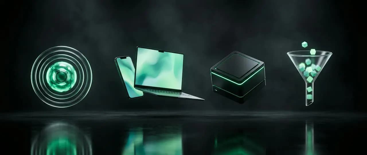 AI core, web and mobile devices, ERP server and CRM sales funnel rendered as glowing emerald 3D objects